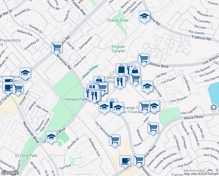 map of restaurants, bars, coffee shops, grocery stores, and more near 14 Wesley Way in Mission Viejo