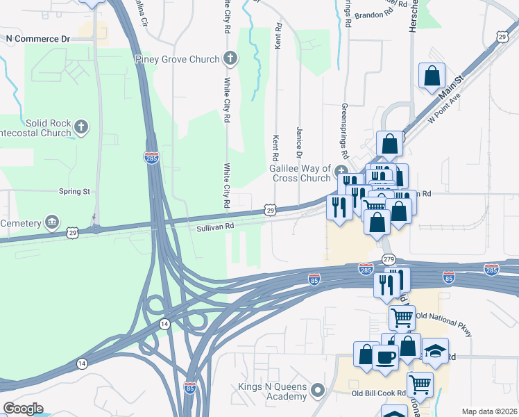 map of restaurants, bars, coffee shops, grocery stores, and more near 2825 Roosevelt Highway in Atlanta