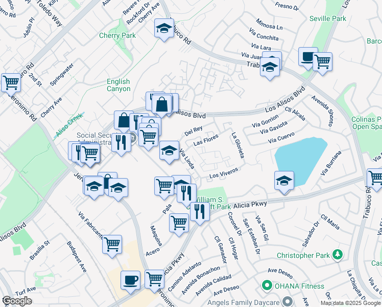 map of restaurants, bars, coffee shops, grocery stores, and more near La Crescenta in Mission Viejo