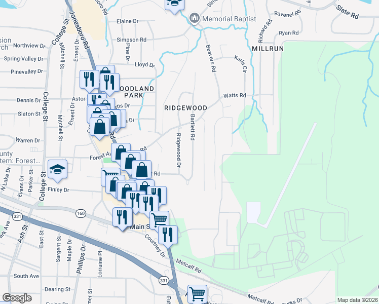 map of restaurants, bars, coffee shops, grocery stores, and more near 4797 Bartlett Road in Forest Park