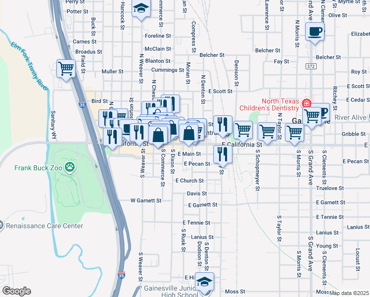 map of restaurants, bars, coffee shops, grocery stores, and more near 200 East California Street in Gainesville