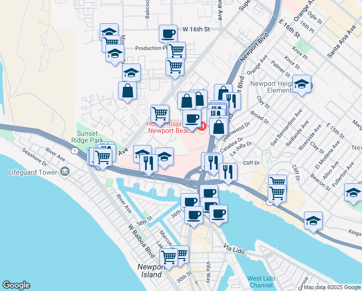 map of restaurants, bars, coffee shops, grocery stores, and more near 260 Cagney Lane in Newport Beach