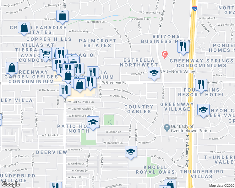 map of restaurants, bars, coffee shops, grocery stores, and more near 3126 West Acapulco Lane in Phoenix