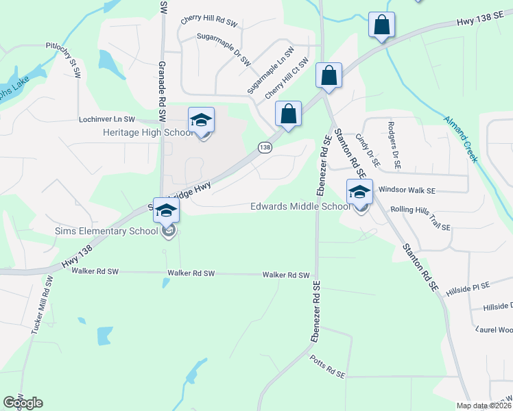 map of restaurants, bars, coffee shops, grocery stores, and more near 2523 Nugget Drive Southwest in Conyers