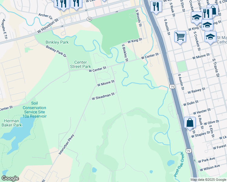 map of restaurants, bars, coffee shops, grocery stores, and more near 1201 West Steadman Street in Sherman