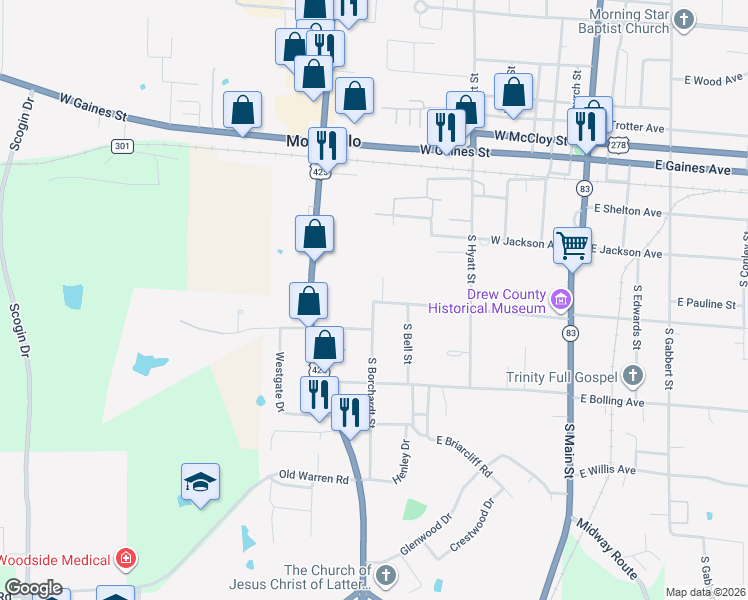 map of restaurants, bars, coffee shops, grocery stores, and more near 332 West College Avenue in Monticello