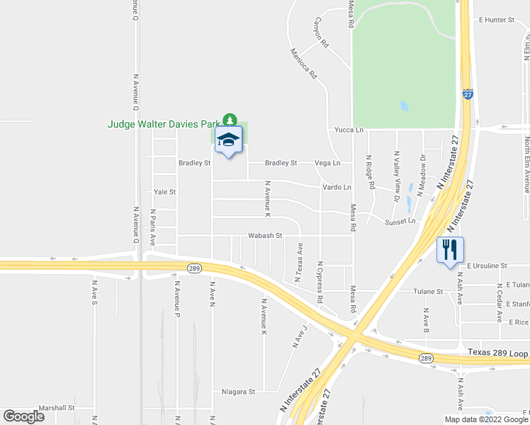 map of restaurants, bars, coffee shops, grocery stores, and more near 1202 Wheelock Street in Lubbock