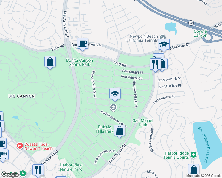 map of restaurants, bars, coffee shops, grocery stores, and more near 1870 Port Westbourne Place in Newport Beach