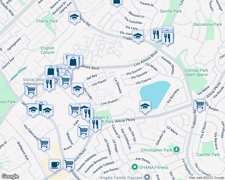 map of restaurants, bars, coffee shops, grocery stores, and more near 23302 La Mar in Mission Viejo