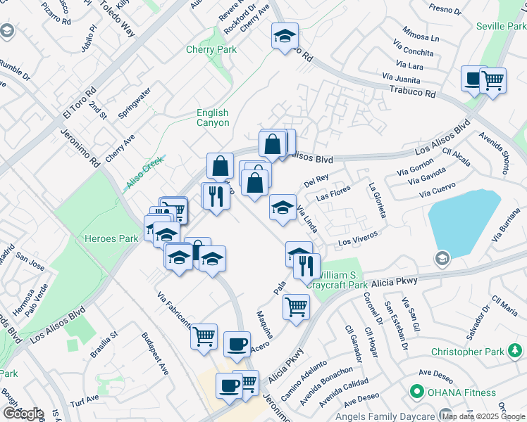 map of restaurants, bars, coffee shops, grocery stores, and more near 23390 Madero in Mission Viejo