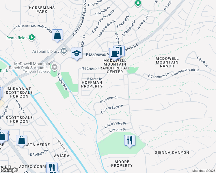map of restaurants, bars, coffee shops, grocery stores, and more near 10406 East Hillery Drive in Scottsdale