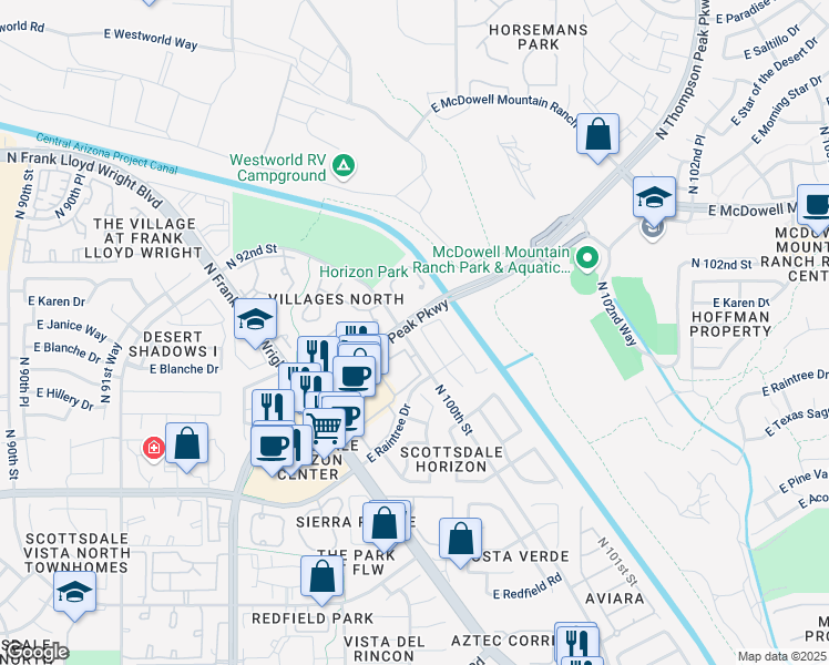 map of restaurants, bars, coffee shops, grocery stores, and more near 15184 North 100th Place in Scottsdale