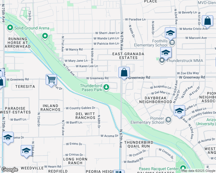 map of restaurants, bars, coffee shops, grocery stores, and more near 6778 West Del Mar Lane in Peoria