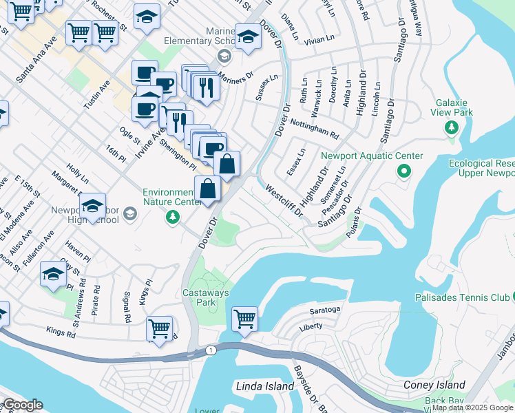 map of restaurants, bars, coffee shops, grocery stores, and more near 14 Cape Woodbury in Newport Beach