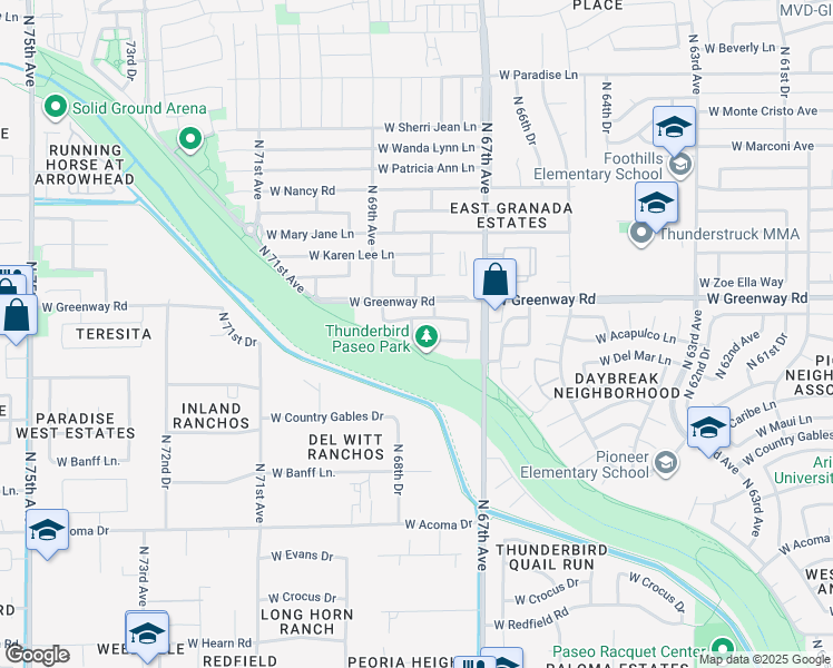 map of restaurants, bars, coffee shops, grocery stores, and more near 6778 West Del Mar Lane in Peoria