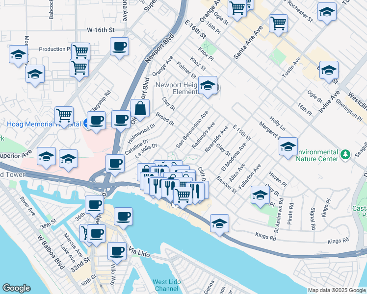 map of restaurants, bars, coffee shops, grocery stores, and more near 414 San Bernardino Avenue in Newport Beach