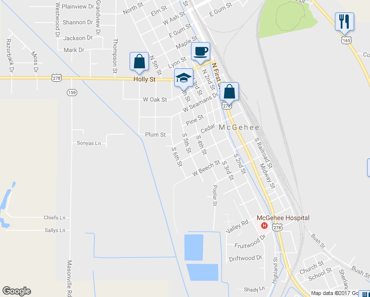 map of restaurants, bars, coffee shops, grocery stores, and more near 305 South 5th Street in McGehee