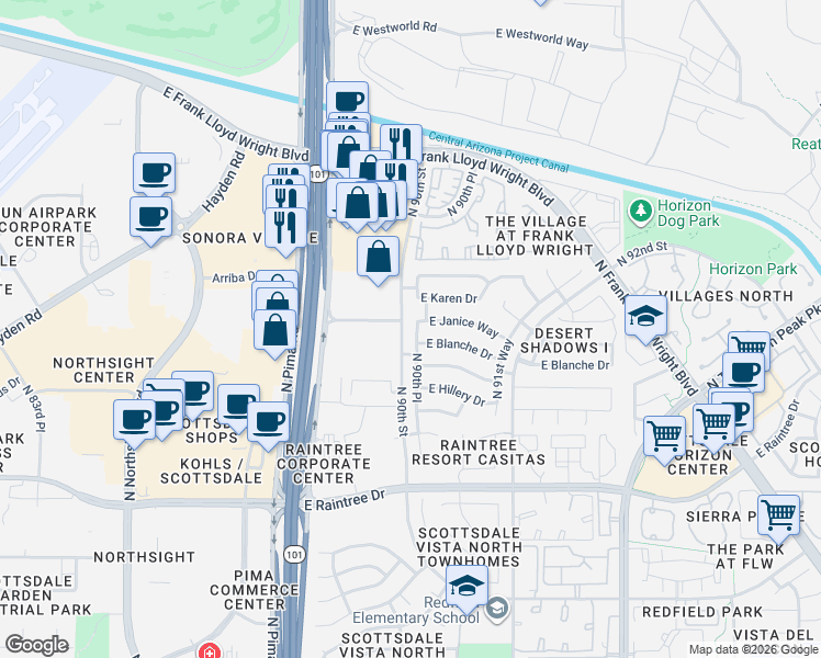 map of restaurants, bars, coffee shops, grocery stores, and more near 15180 North 90th Place in Scottsdale