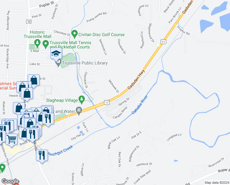 map of restaurants, bars, coffee shops, grocery stores, and more near 118 Mohawk Drive in Trussville