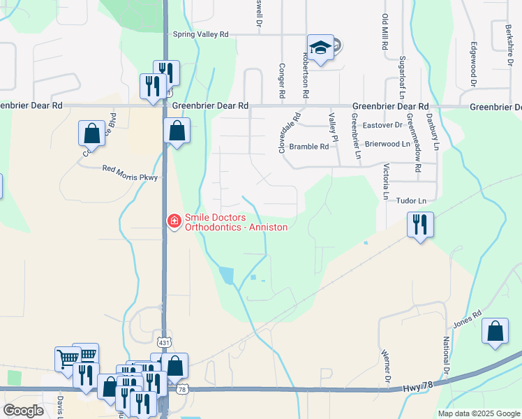 map of restaurants, bars, coffee shops, grocery stores, and more near 12 Old Ivy Place in Anniston