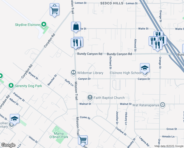 map of restaurants, bars, coffee shops, grocery stores, and more near 34213 Clovis Way in Wildomar