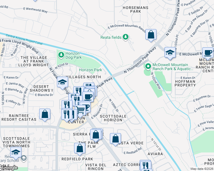 map of restaurants, bars, coffee shops, grocery stores, and more near 15184 North 100th Place in Scottsdale