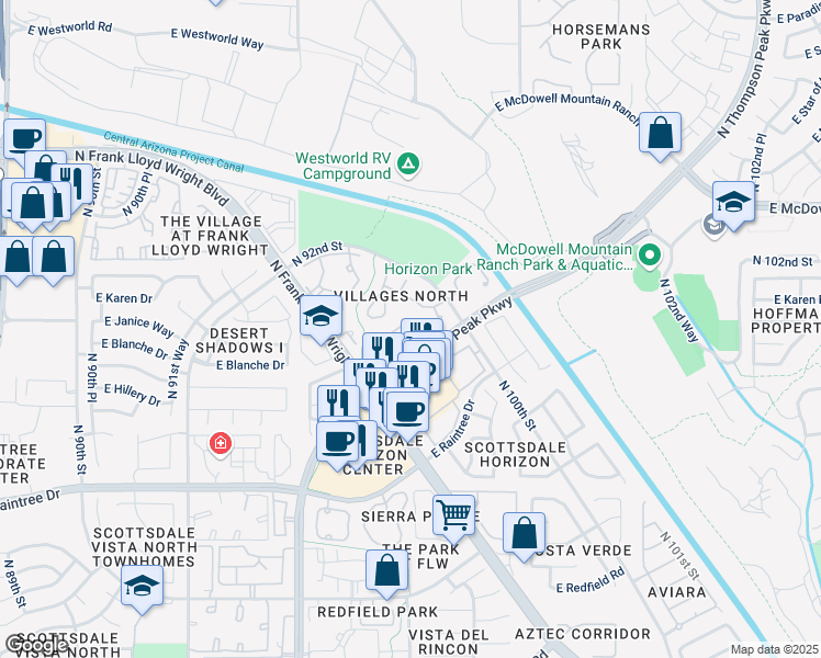 map of restaurants, bars, coffee shops, grocery stores, and more near 15050 North Thompson Peak Parkway in Scottsdale