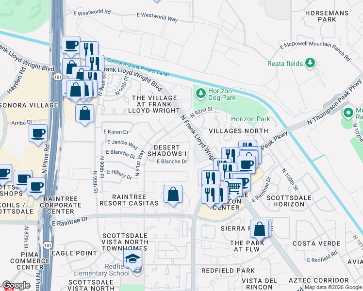 map of restaurants, bars, coffee shops, grocery stores, and more near 9365 East Caribbean Lane in Scottsdale