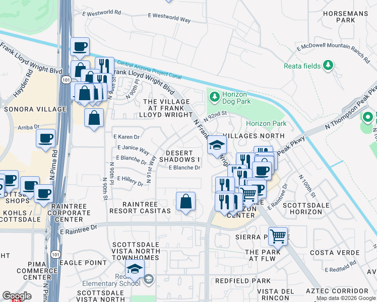 map of restaurants, bars, coffee shops, grocery stores, and more near 9283 East Caribbean Lane in Scottsdale