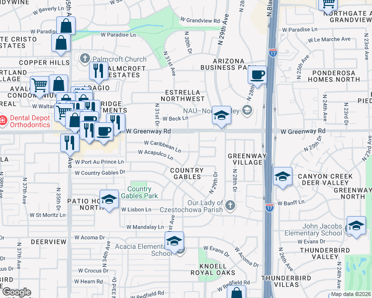 map of restaurants, bars, coffee shops, grocery stores, and more near 15202 North 30th Drive in Phoenix