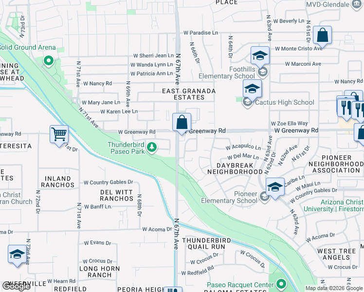map of restaurants, bars, coffee shops, grocery stores, and more near 15225 North 66th Lane in Glendale