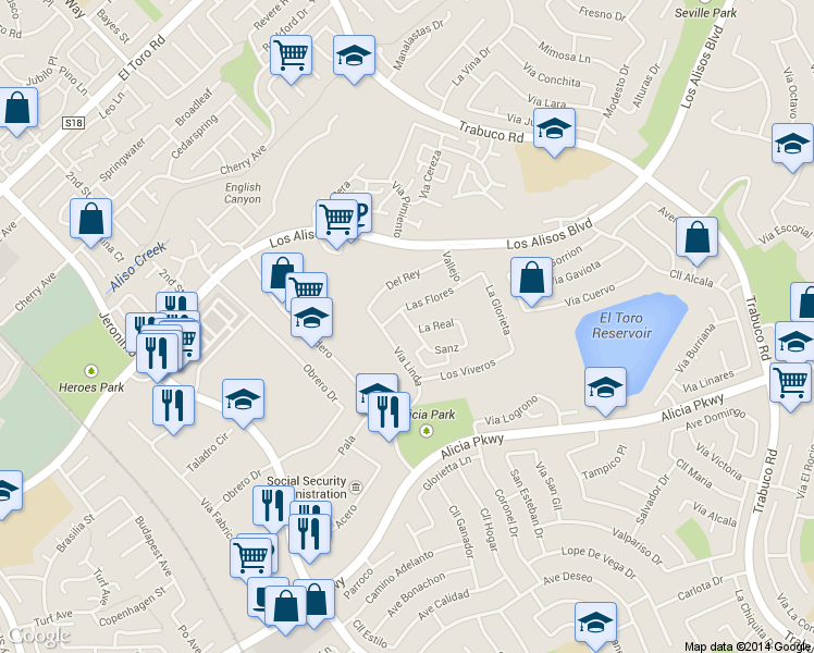 map of restaurants, bars, coffee shops, grocery stores, and more near 23301 La Crescenta in Mission Viejo