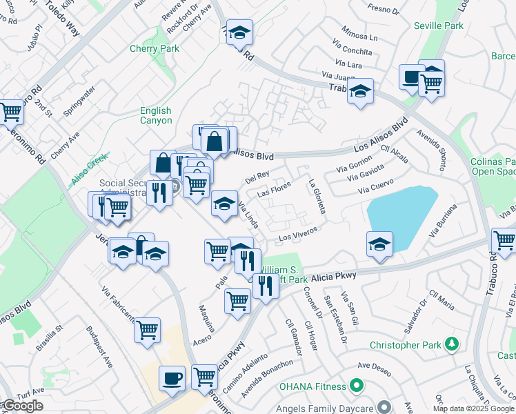 map of restaurants, bars, coffee shops, grocery stores, and more near 23301 La Crescenta in Mission Viejo