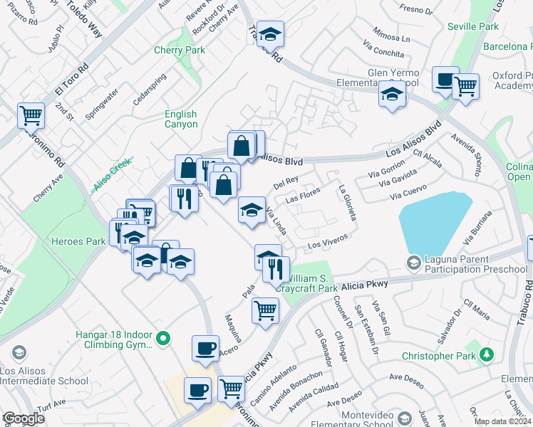 map of restaurants, bars, coffee shops, grocery stores, and more near 23301 Via Linda in Mission Viejo