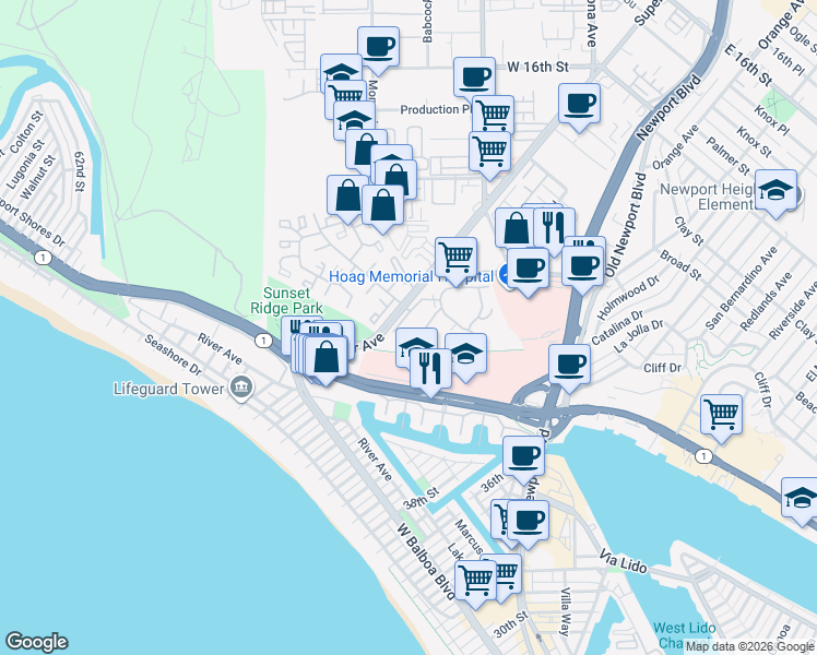 map of restaurants, bars, coffee shops, grocery stores, and more near 220 Nice Lane in Newport Beach