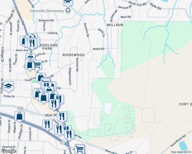 map of restaurants, bars, coffee shops, grocery stores, and more near 4608 Treasure Court in Forest Park