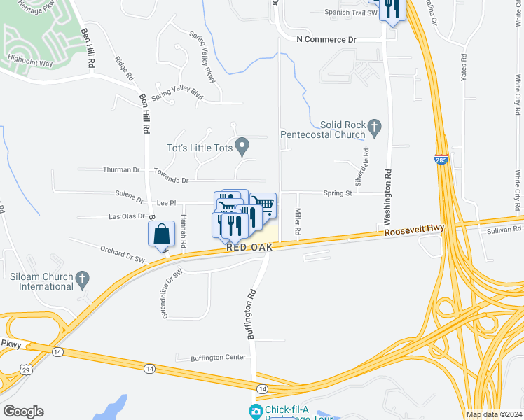 map of restaurants, bars, coffee shops, grocery stores, and more near 3376 The Way Place in Atlanta