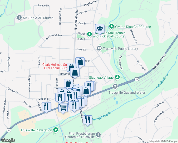 map of restaurants, bars, coffee shops, grocery stores, and more near 212 Penny Lane in Trussville