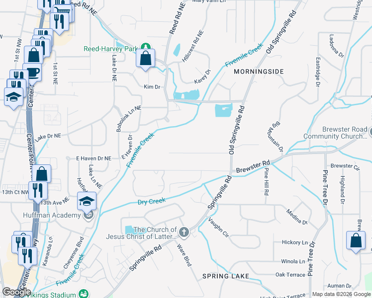 map of restaurants, bars, coffee shops, grocery stores, and more near 718 Sunny Lane Drive Northeast in Center Point