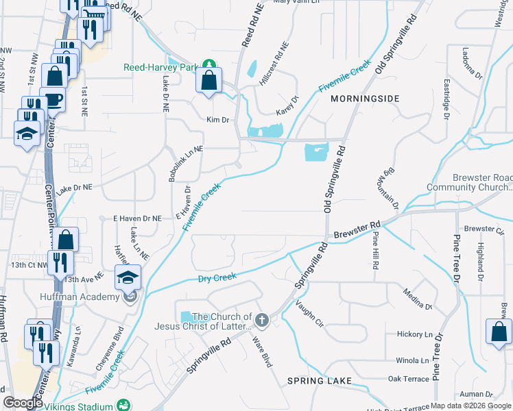 map of restaurants, bars, coffee shops, grocery stores, and more near 710 Sunny Lane Drive Northeast in Center Point
