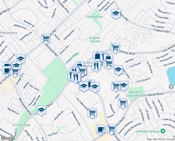 map of restaurants, bars, coffee shops, grocery stores, and more near 14 Wesley Way in Mission Viejo