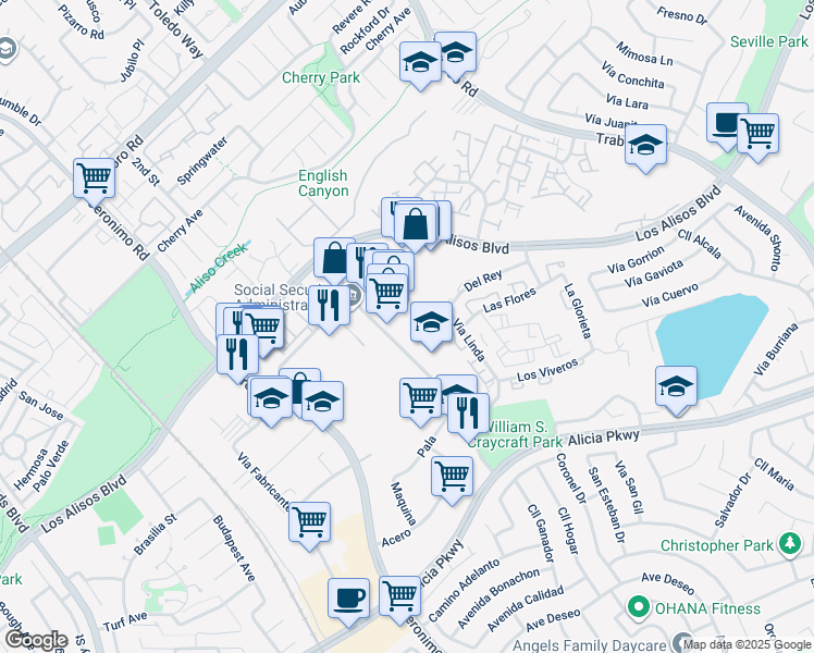 map of restaurants, bars, coffee shops, grocery stores, and more near 23390 Madero in Mission Viejo