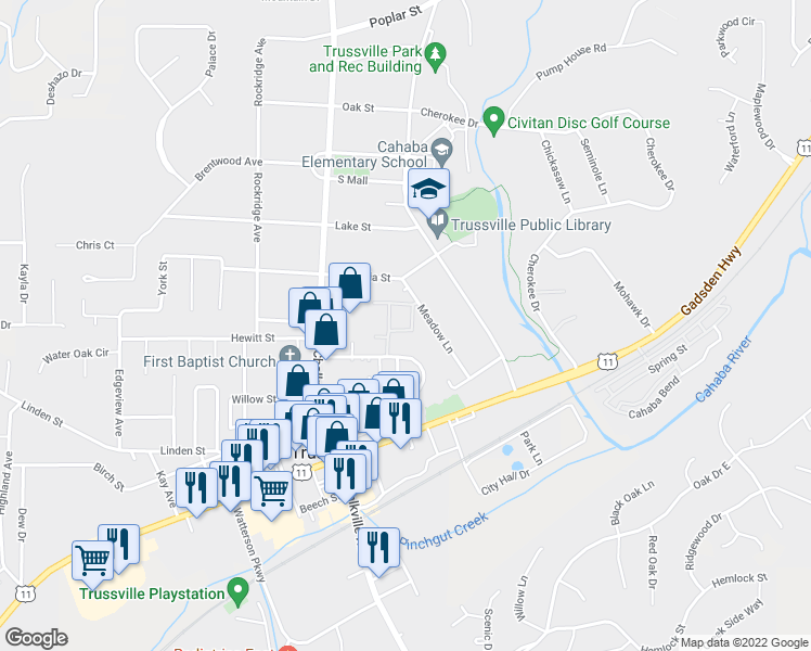 map of restaurants, bars, coffee shops, grocery stores, and more near 614 Penny Lane in Trussville