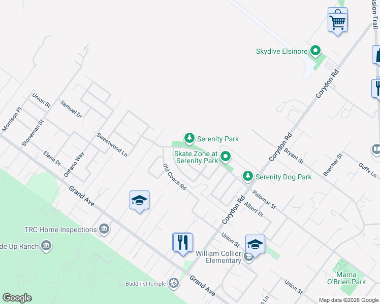 map of restaurants, bars, coffee shops, grocery stores, and more near 19690 Berrywood Drive in Lake Elsinore