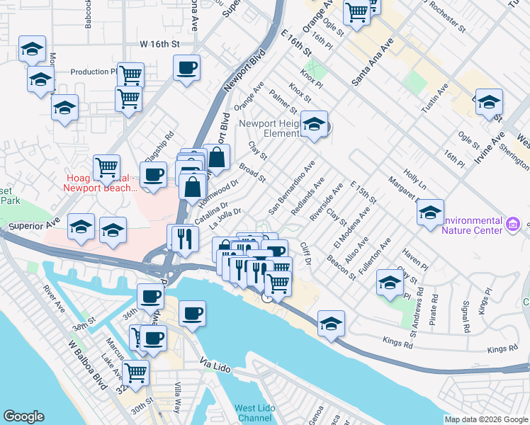 map of restaurants, bars, coffee shops, grocery stores, and more near 415 San Bernardino Avenue in Newport Beach
