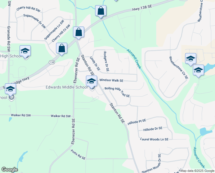 map of restaurants, bars, coffee shops, grocery stores, and more near 1620 Rolling Hills Trail Southeast in Conyers