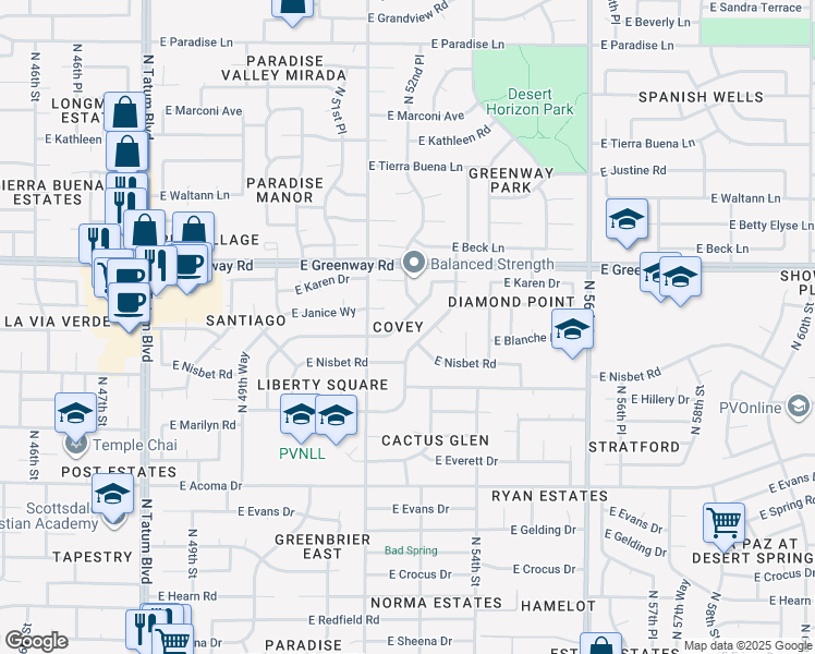 map of restaurants, bars, coffee shops, grocery stores, and more near 5239 East Blanche Drive in Scottsdale