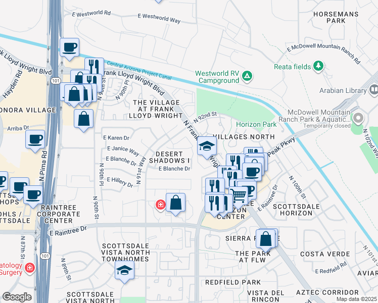 map of restaurants, bars, coffee shops, grocery stores, and more near 9365 East Caribbean Lane in Scottsdale