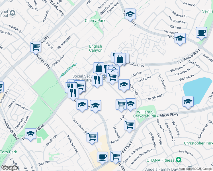 map of restaurants, bars, coffee shops, grocery stores, and more near 23341 Madero in Mission Viejo