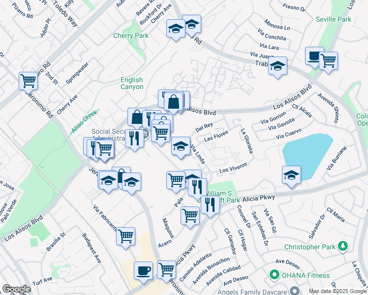 map of restaurants, bars, coffee shops, grocery stores, and more near 23301 Via Linda in Mission Viejo